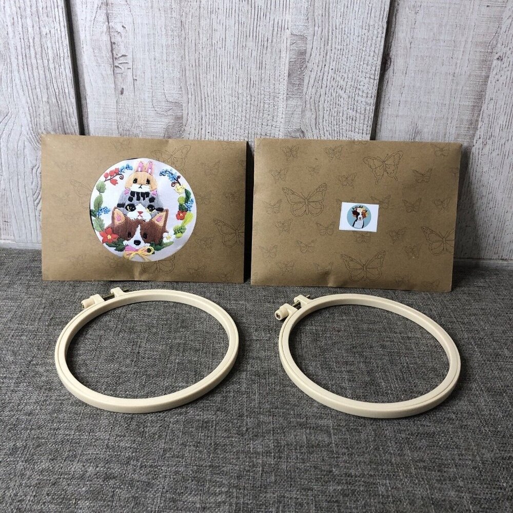 Embroidery Kits Puppy Dog Cat Rabbit Flowers Set of 2 Craft Spring Summer